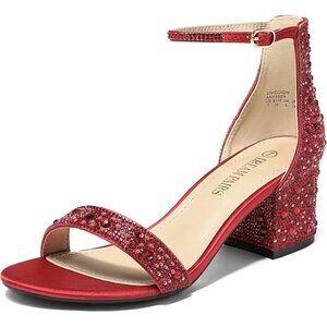 Dream Pairs Women's Red/Rhinestone Chunky Block Heel Ankle Strap Sandals Shoes